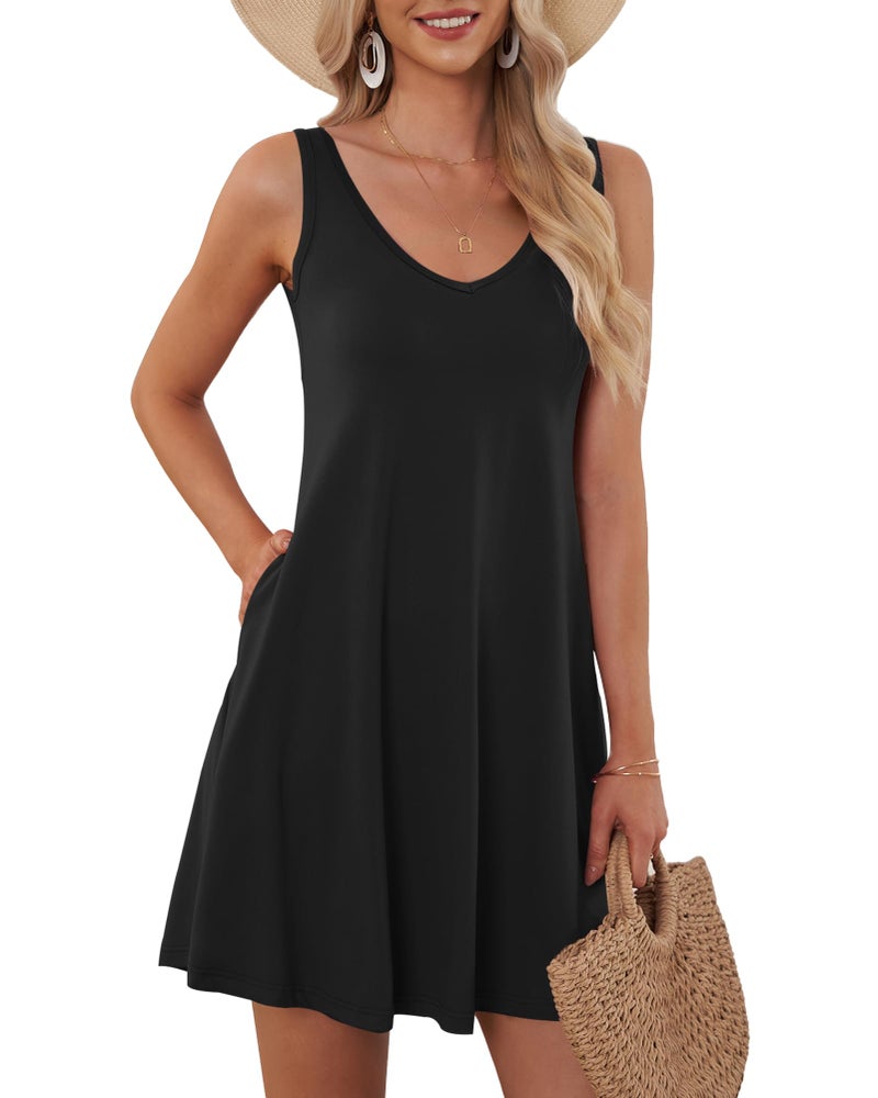 AUSELILY Women's Sleeveless V Neck Mini Dress Beach Cover Up Swimwear Bathing Suit Sundresses with Pockets 2026 New Black M - Image 1